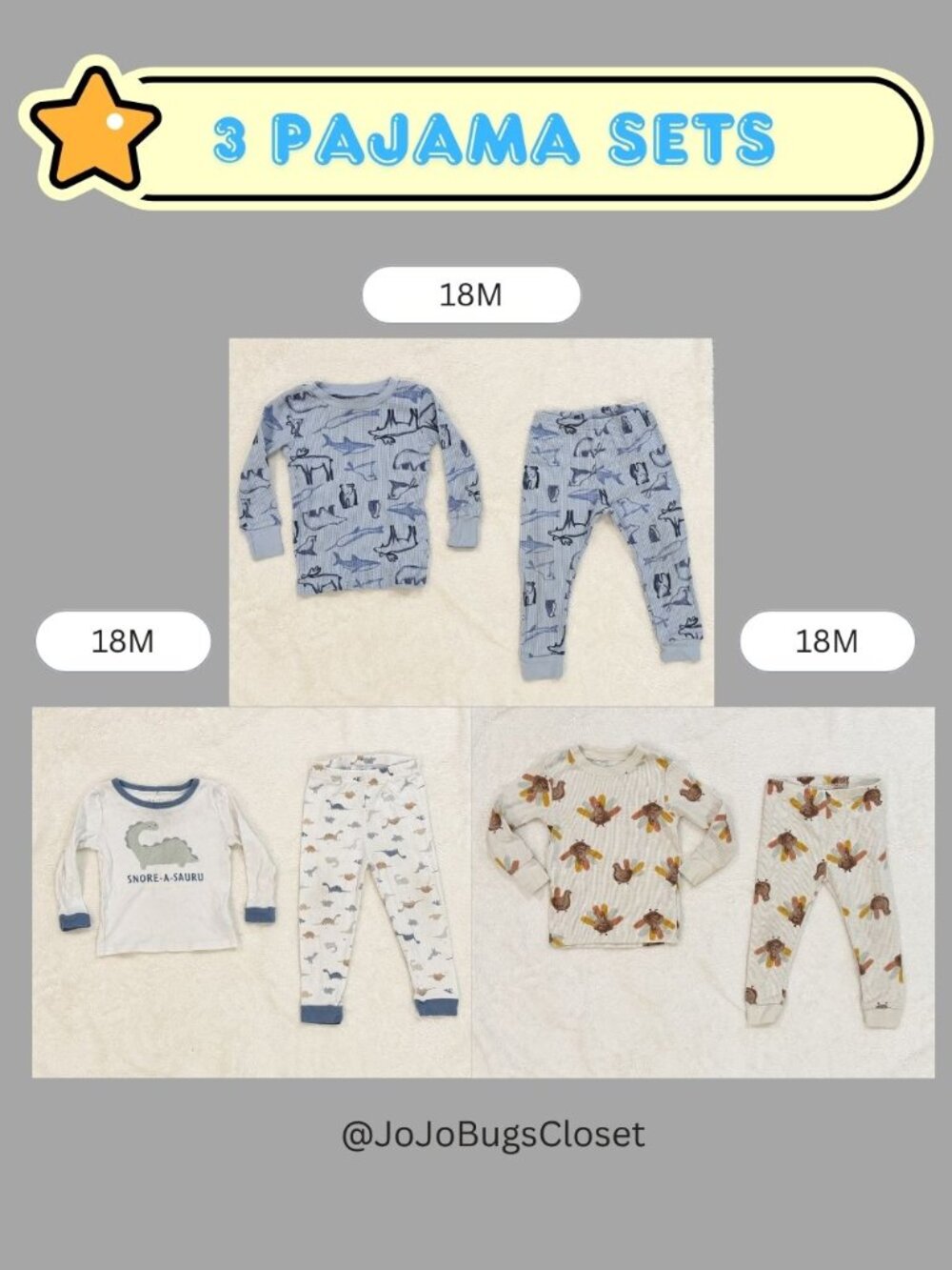 18M Toddler Pajama Bundle | Dinosaur, Woodland & Turkey Thermal Sets